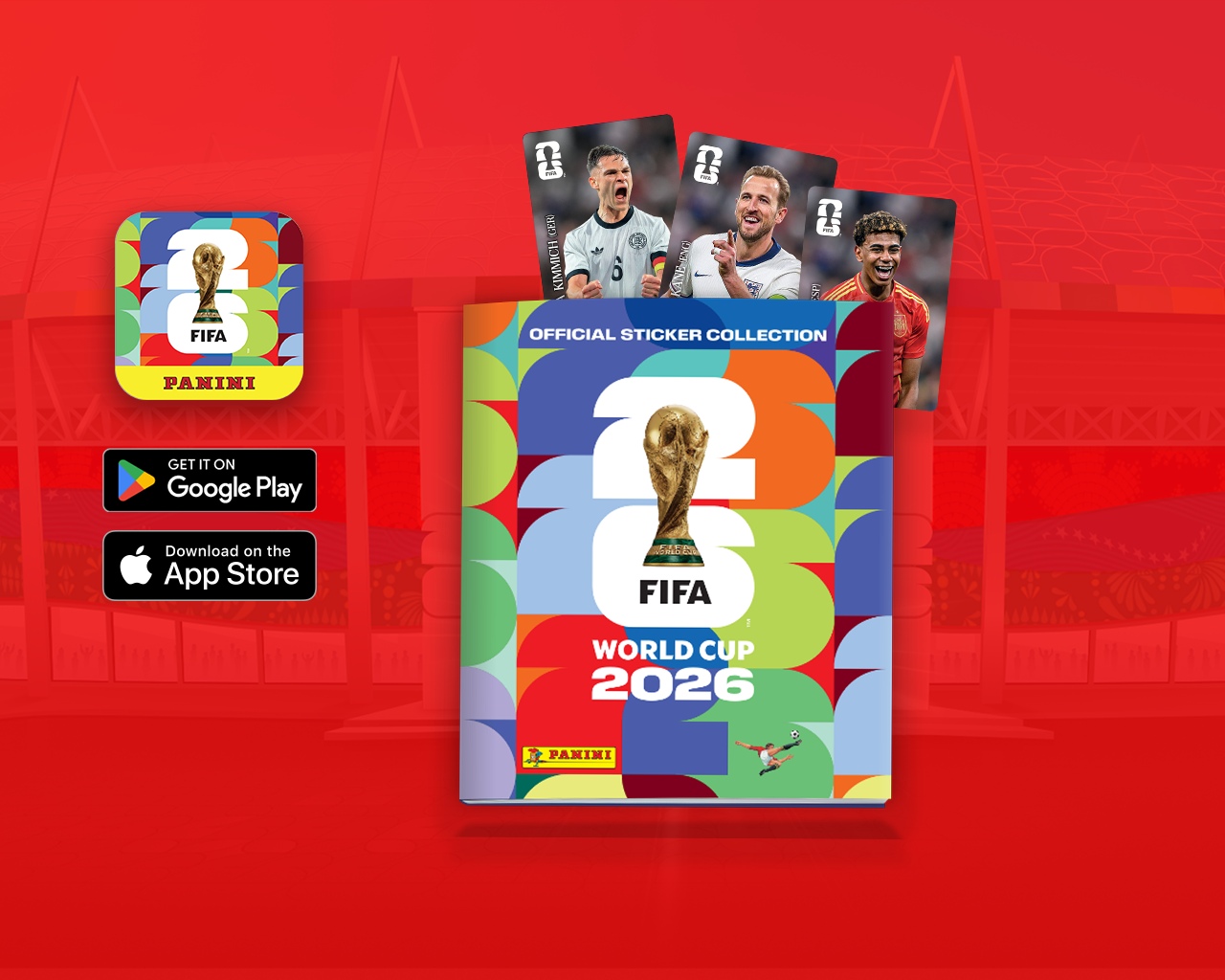 Álbum digital FIFA World Cup 2026™ e logos App Store e Google Play.