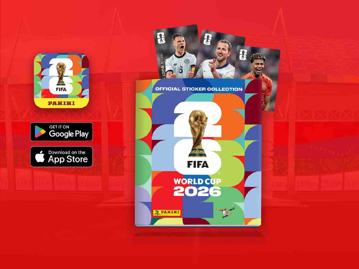 Álbum digital FIFA World Cup 2026™ junto com cartas de jogadores e lojas de apps.