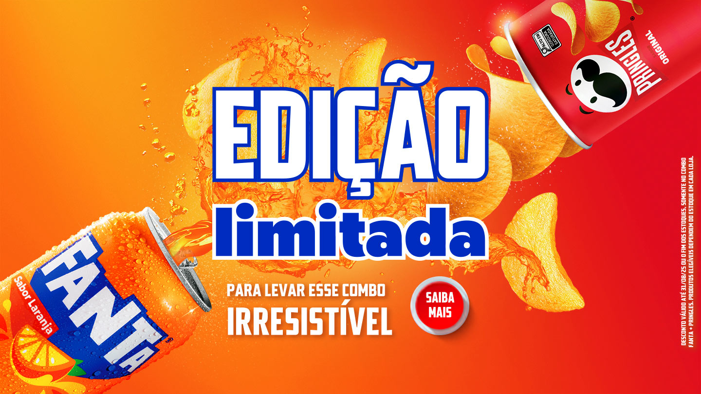  Promoção de edição limitada Fanta e Pringles, com latas e batatas fritas em fundo laranja e vermelho, destacando "EDIÇÃO LIMITADA" e "IRRESISTÍVEL"