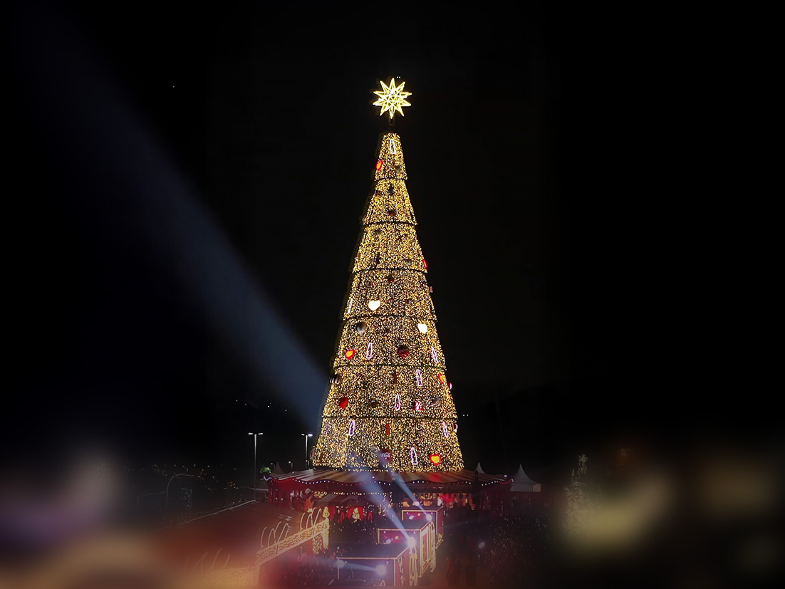 Uma grande árvore de Natal iluminada à noite, com uma estrela no topo