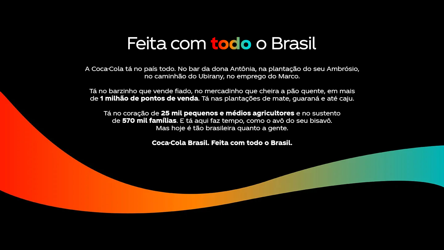 Texto em português sobre a presença da Coca-Cola no Brasil, com fundo preto e uma faixa ondulada em tons de laranja, amarelo e azul.