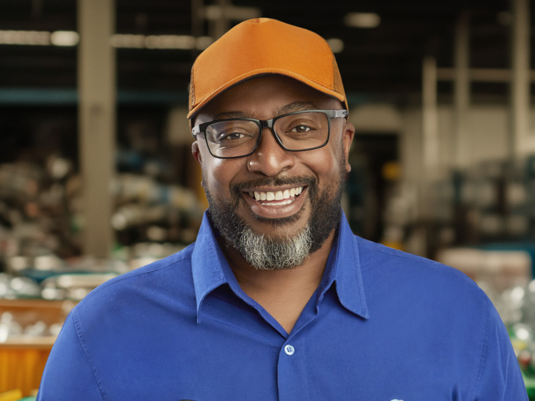 Um homem negro de óculos, boné laranja e barba grisalha sorrindo em um ambiente industrial.