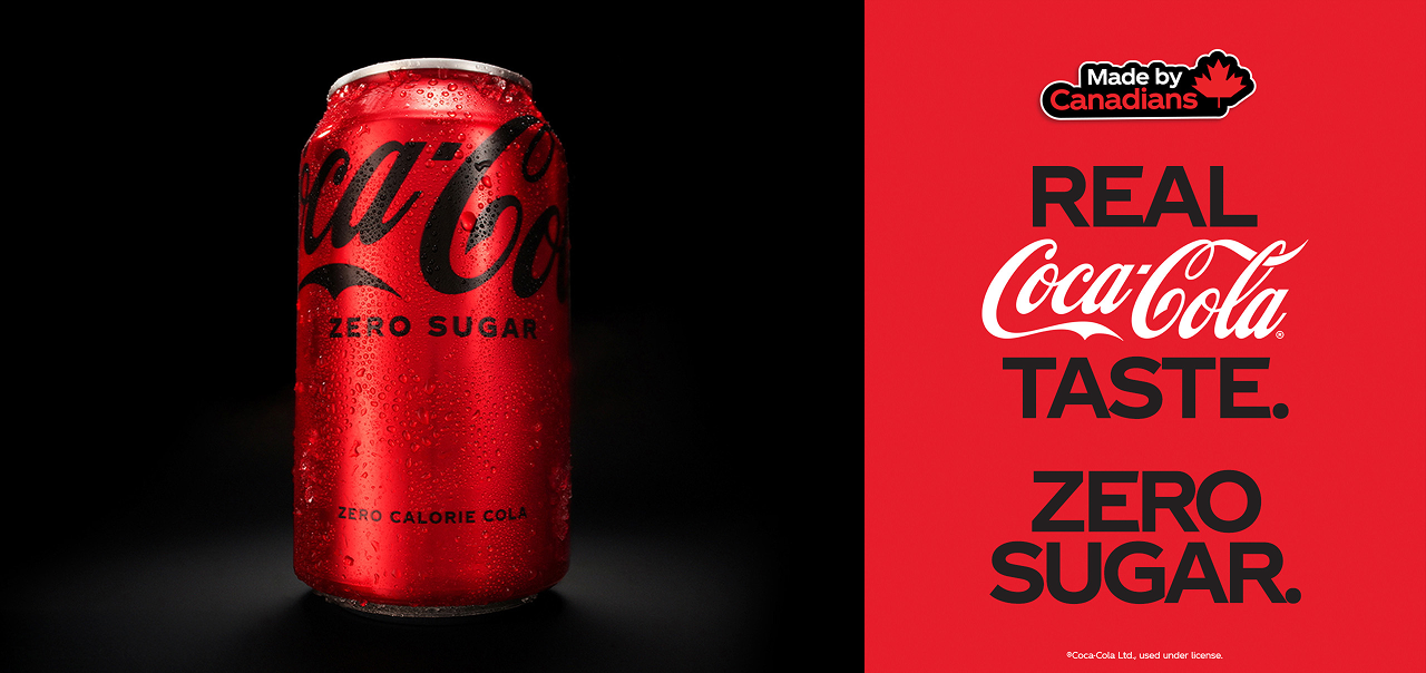 Coca-Cola Zero Sugar can on a black background next to the message "Made by Canadians. Real Coca-Cola taste. Zero Sugar."