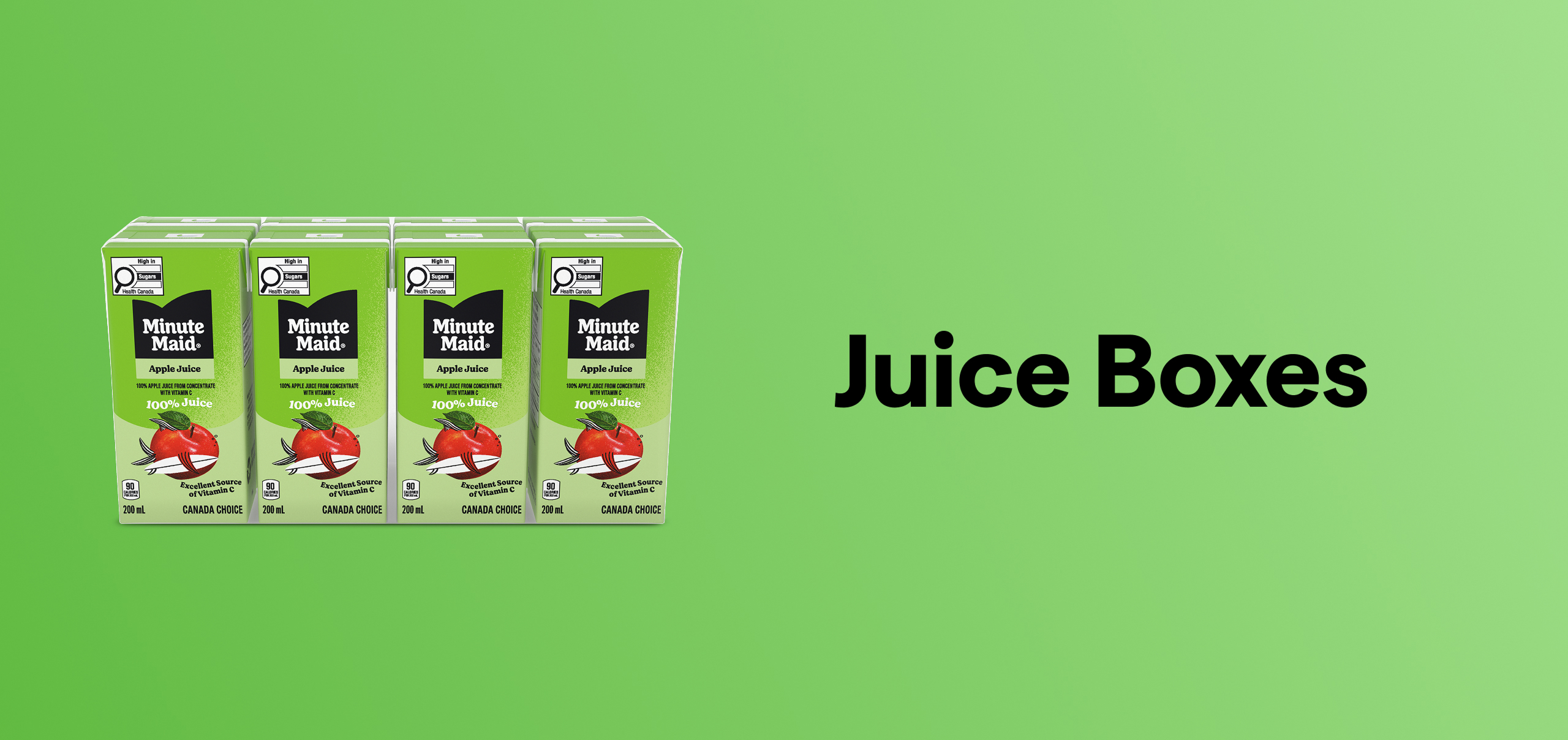 Minute Maid Juice Boxes—multipack of 100% Apple Juice Boxes displayed on a green background