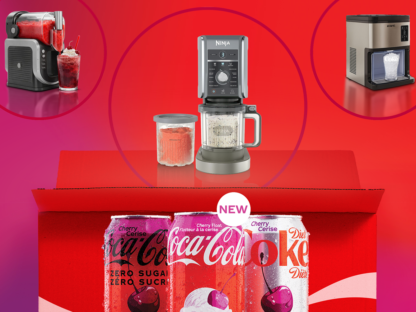 Coca‑Cola Cherry cans in an open red box with Ninja blender and ice maker appliances on a bright cherry‑red background