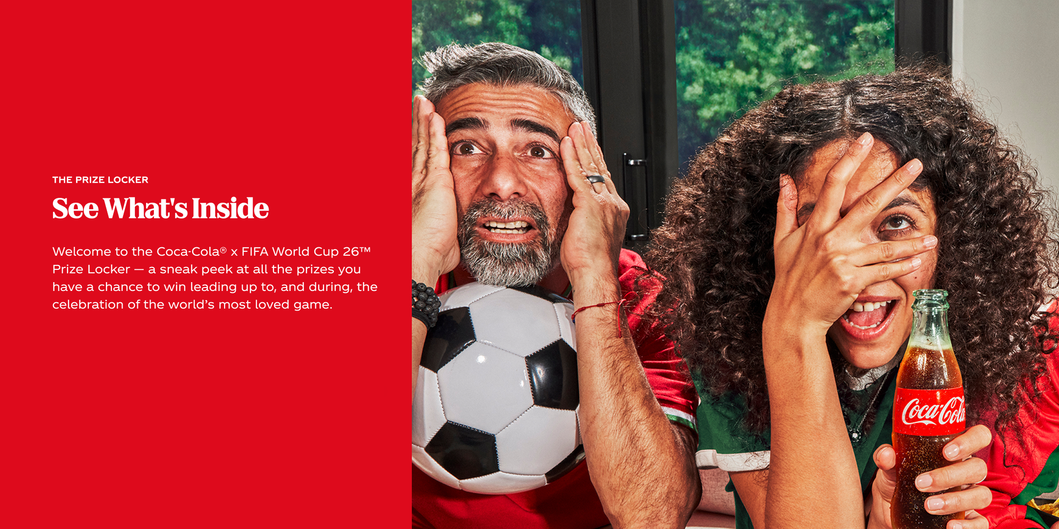 Coca‑Cola FIFA Prize Locker See What’s Inside hero with two fans hiding faces, soccer ball and glass Coca‑Cola bottle beside copy block.