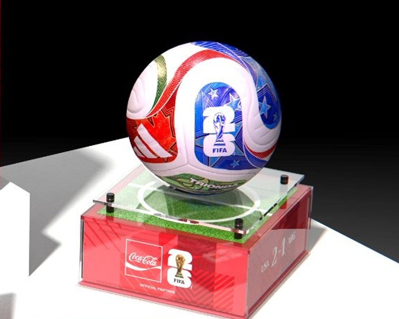 Limited-edition FIFA World Cup soccer ball on a Coca-Cola branded display case, lit dramatically on a black background.