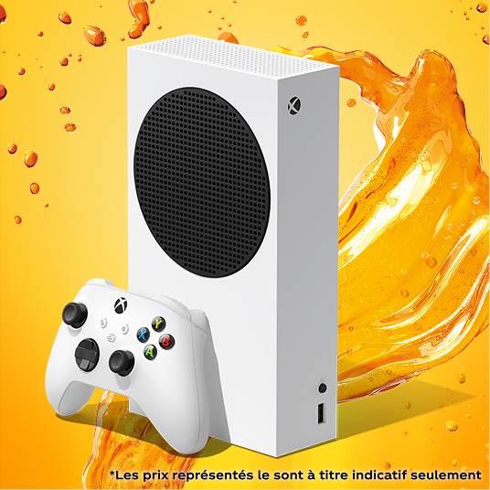 Une console Xbox Series 5 sur un fond liquide orange Fanta.