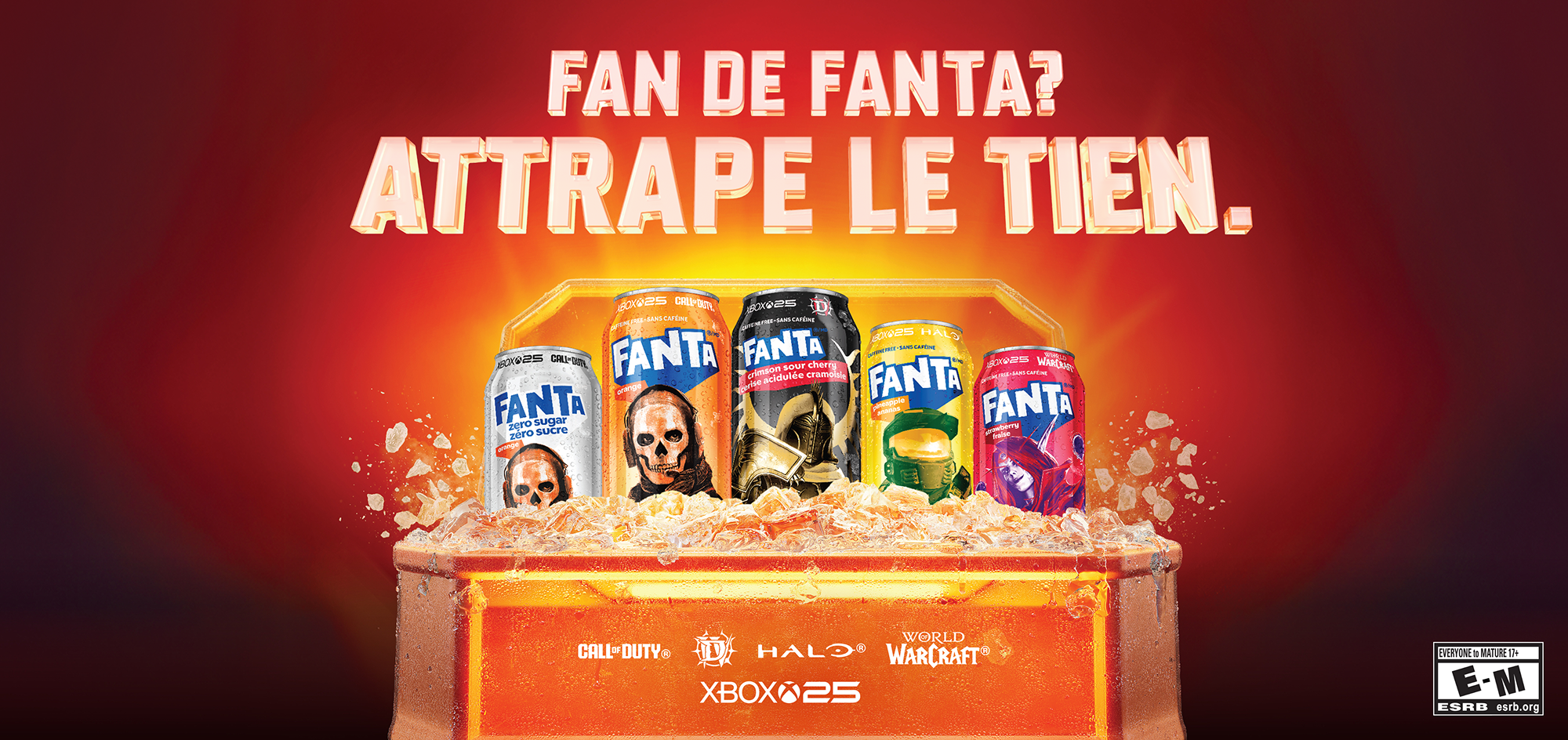 La collection Fanta Xbox comprend des canettes avec des personnages de Forza Horizon 6, de Call of Duty, de Diablo IV, de Halo et de World of Warcraft. Le texte se lit comme suit : « Tu veux un Fanta? Attrape le tien. »