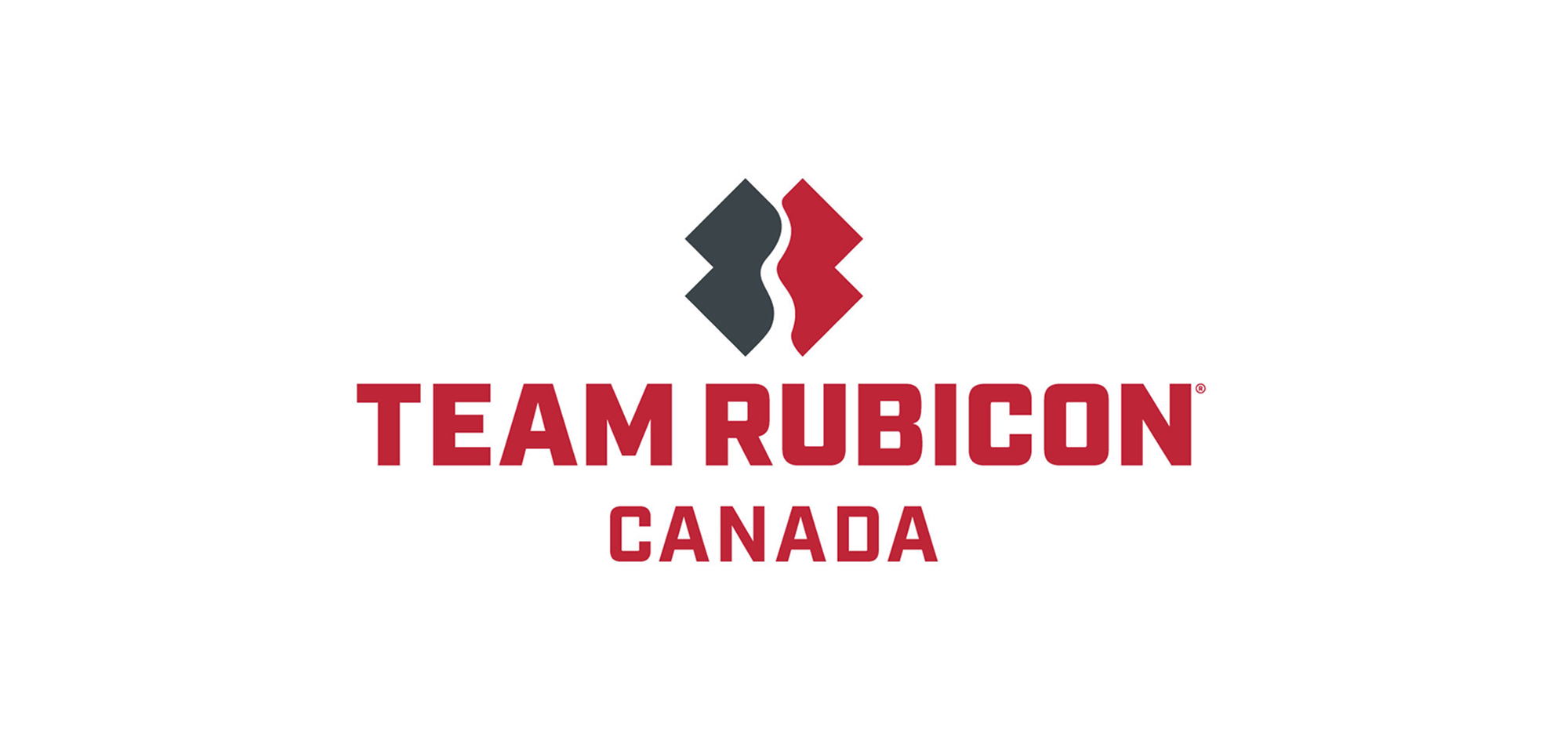 Logotipo de Team Rubicon Canada en rojo con símbolo geométrico bicolor sobre fondo blanco para la campaña de aliados.