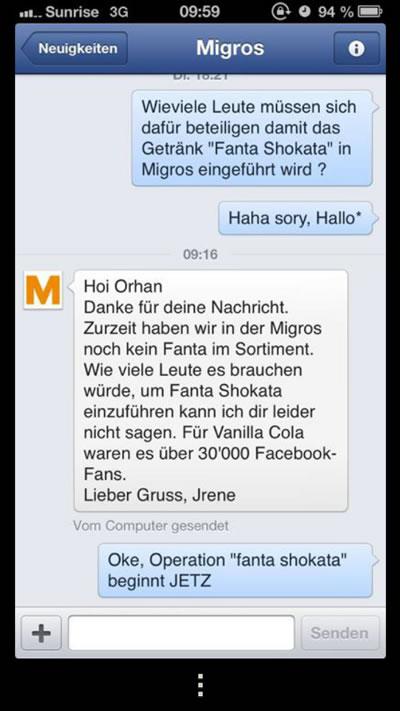 Auch der Migros wurde der Wunsch nach Fanta Shokata im Regal mitgeteilt (Quelle: Facebook)