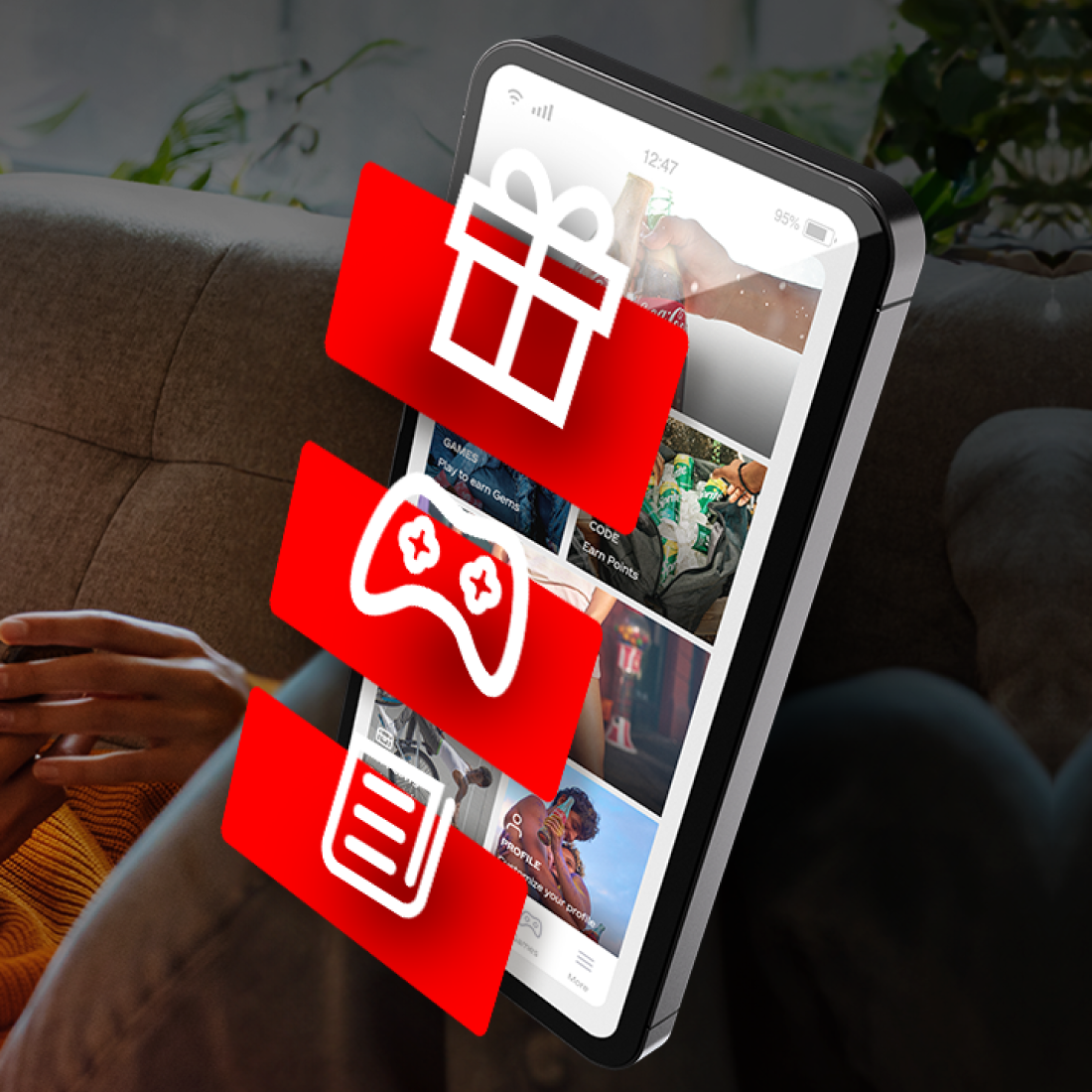 Coca-Cola App auf dem Smartphone mit Preise, Spiele und News Ikonen