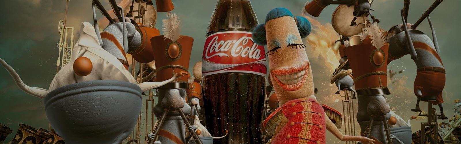 Eine Coca-Cola Werbung mit tanzenden Figuren und einer grossen Coca-Cola Flasche