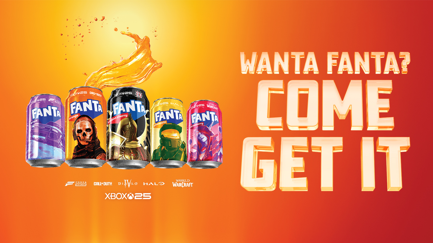 The Fanta Xbox collection includes cans featuring characters from Forza Horizon 6, Call of Duty, Diablo IV, Halo and World of Warcraft. Text reads: "Wanta Fanta? Come get it."