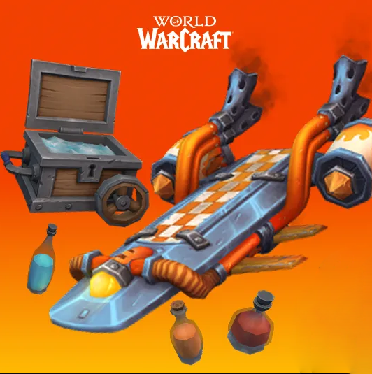Der „Fantastical Goblin Waveshredder“-Skateboard-Aufsatz, eine färbbare Flasche und eine robuste, tragbare Kühlbox vor orangefarbenem Hintergrund und unter einem „World of Warcraft“-Logo