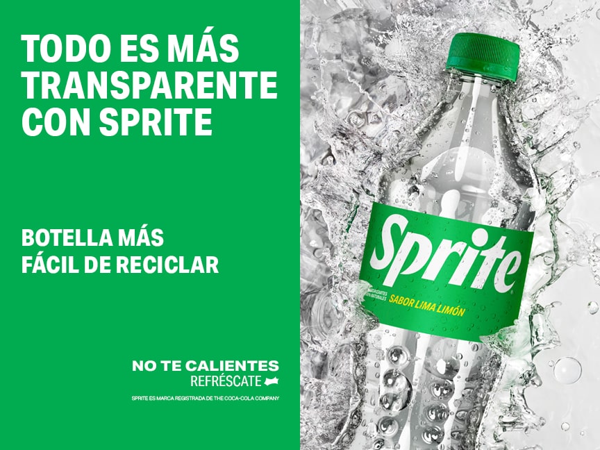 Nueva botella 500 cc Sprite sabor Lima Limón sobre hielos. Texto: Botella más fácil de reciclar.