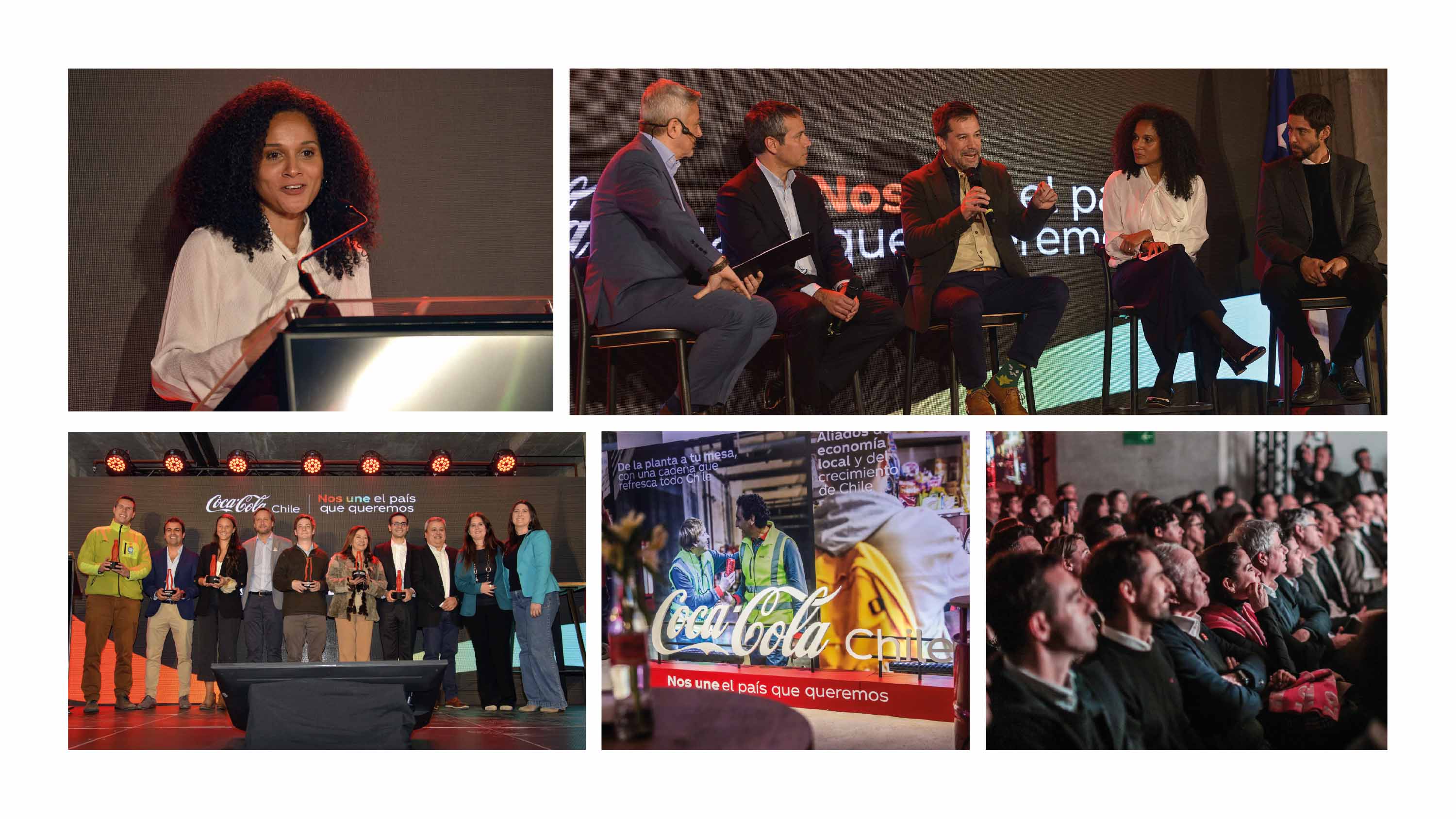 Gente en evento de Coca-Cola Chile, con paneles que dicen "Nos une el país que queremos" y muestran su compromiso local.
