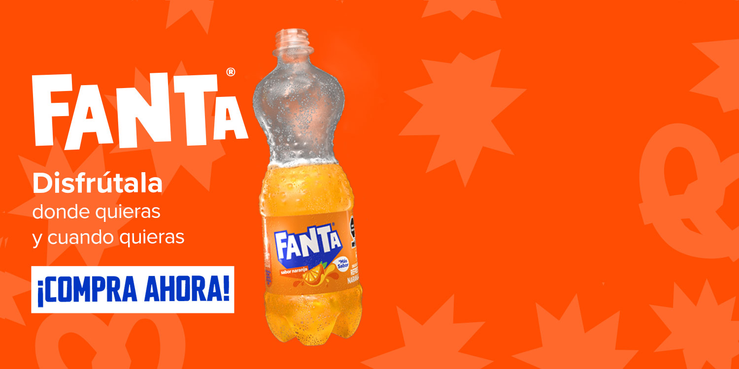 Botella de Fanta Naranja sobre un fondo naranja junto al logo de Fanta con un texto que dice “Disfrútala donde quieras y cuando quieras. Compra ahora” invitando a visitar el sitio Coca-Cola en tu hogar para comprar Fanta.
