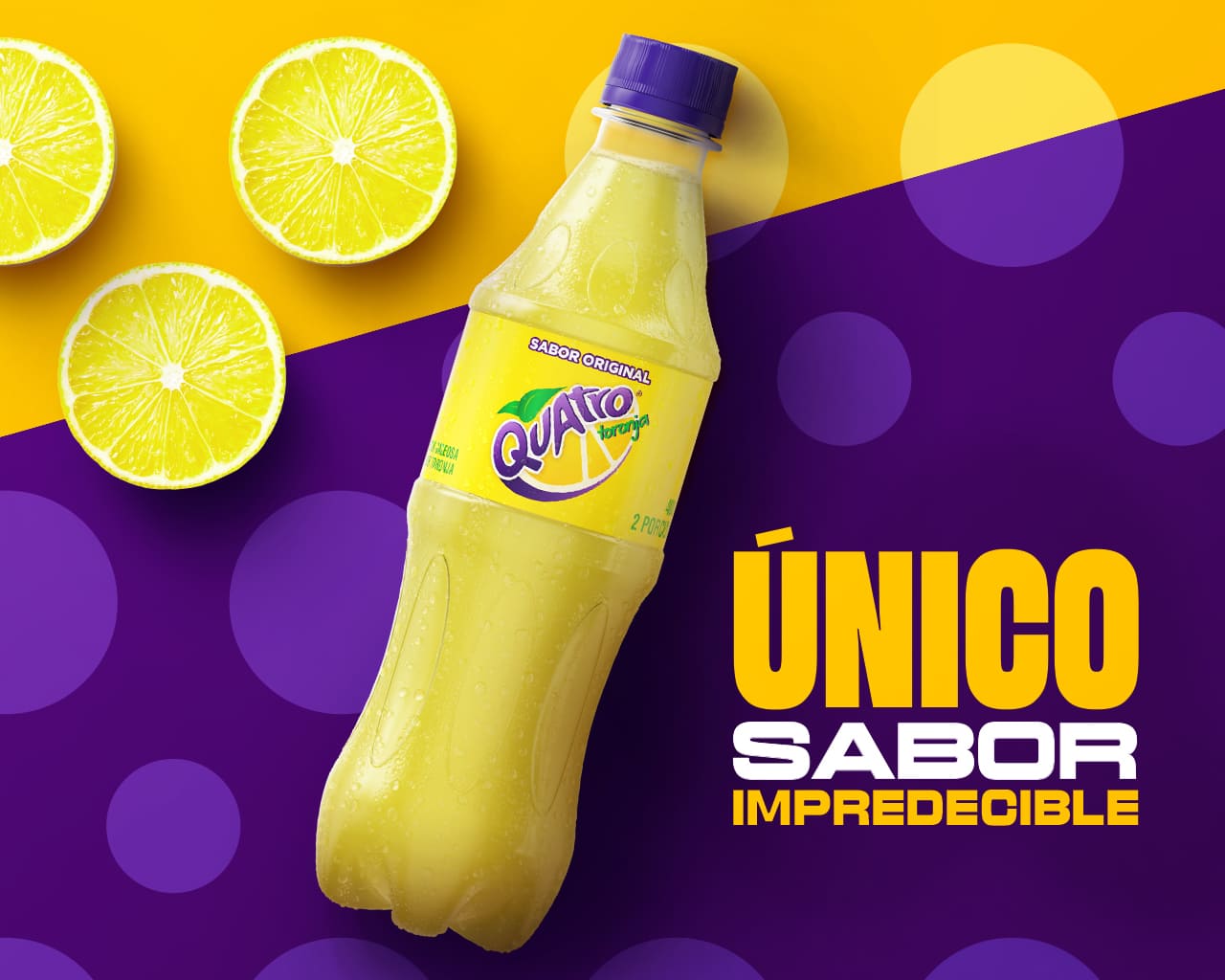 Imagen de fondo mitad amarillo y mitad violeta con la botella de Quatro delante y la frase "Único Sabor Impredecible".
