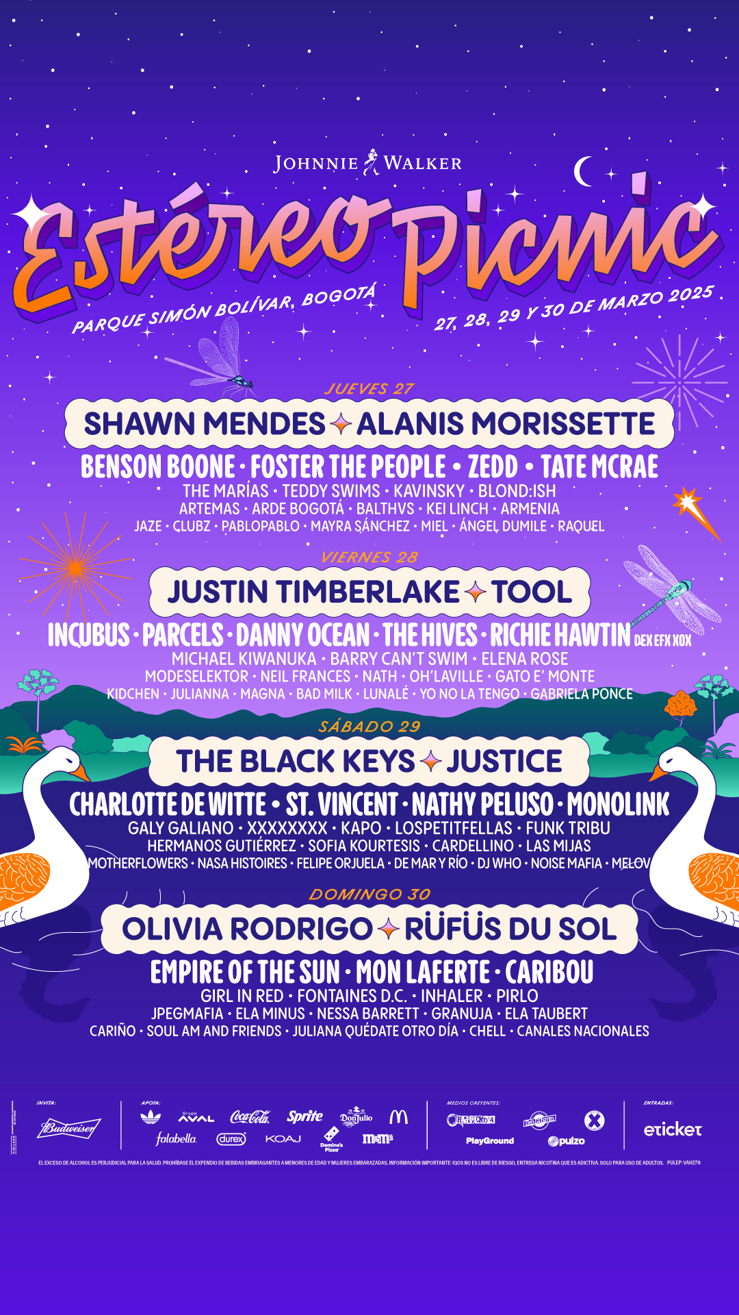 Cartel oficial del festival Estéreo Picnic 2025 en el Parque Simón Bolívar, Bogotá, con un fondo nocturno estrellado y detalles de artistas destacados como Shawn Mendes, Alanis Morissette, Justin Timberlake, The Black Keys, Olivia Rodrigo, y más, para los días 27, 28, 29 y 30 de marzo.