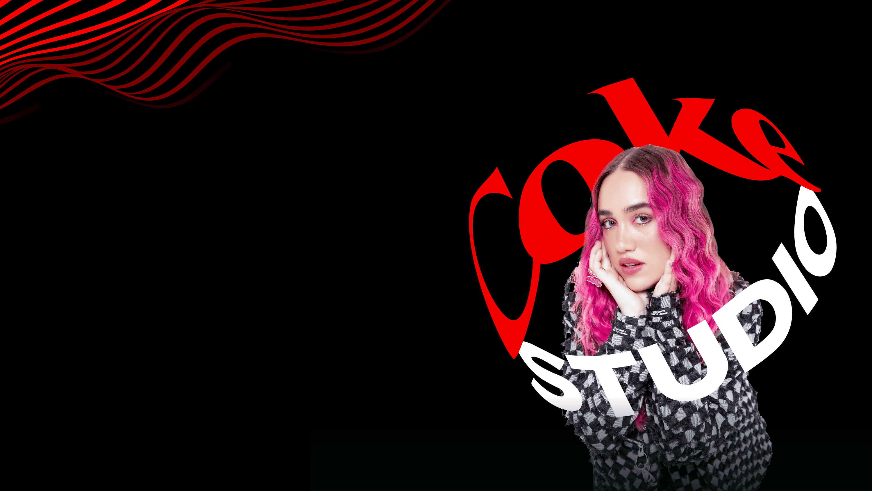 Ela Taubert rodeada por el logo de Coke Studio sobre un fondo negro con lineas onduladas de color rojo.