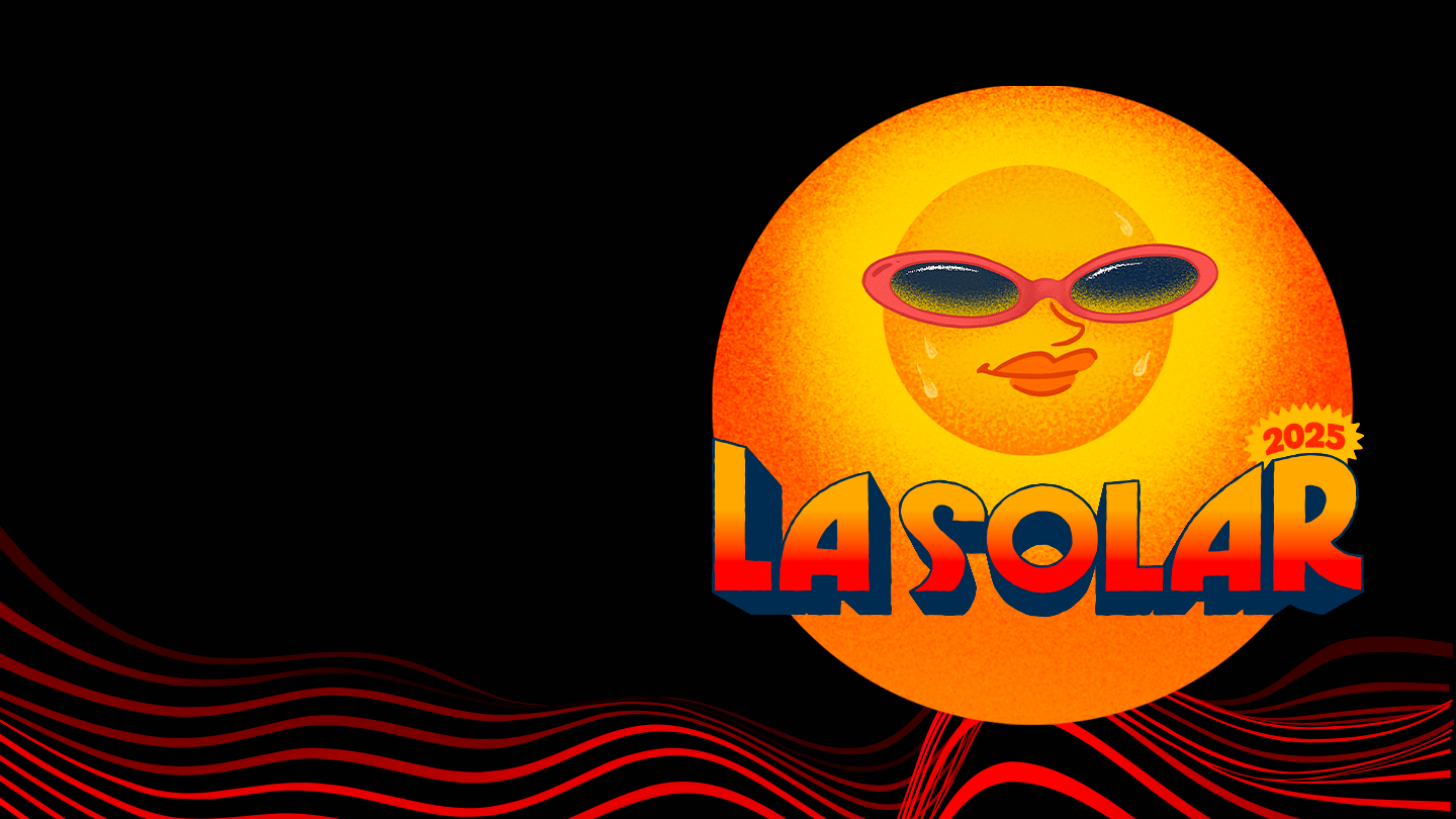 Logo del festival "La Solar" sobre un fondo negro con lineas onduladas de color rojo.