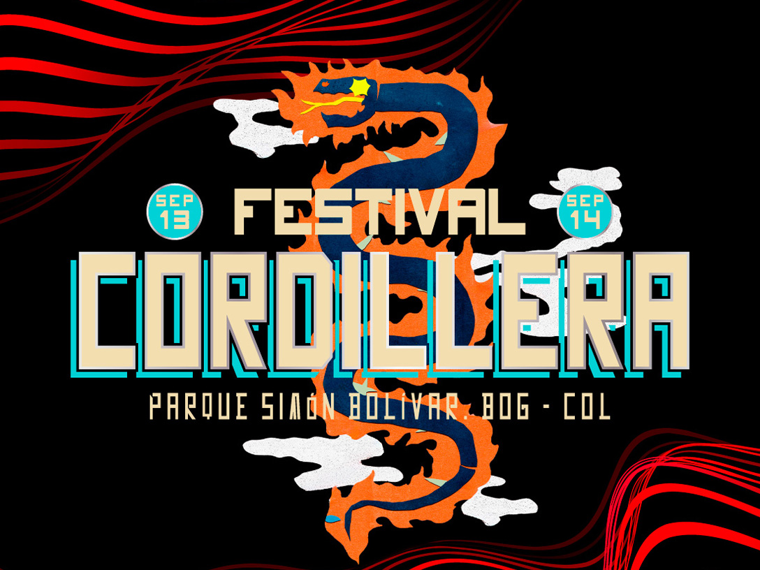 Cartel del "FESTIVAL CORDILLERA" con un dragón, fechas (13 y 14 de septiembre) y ubicación, sobre fondo negro con líneas rojas.