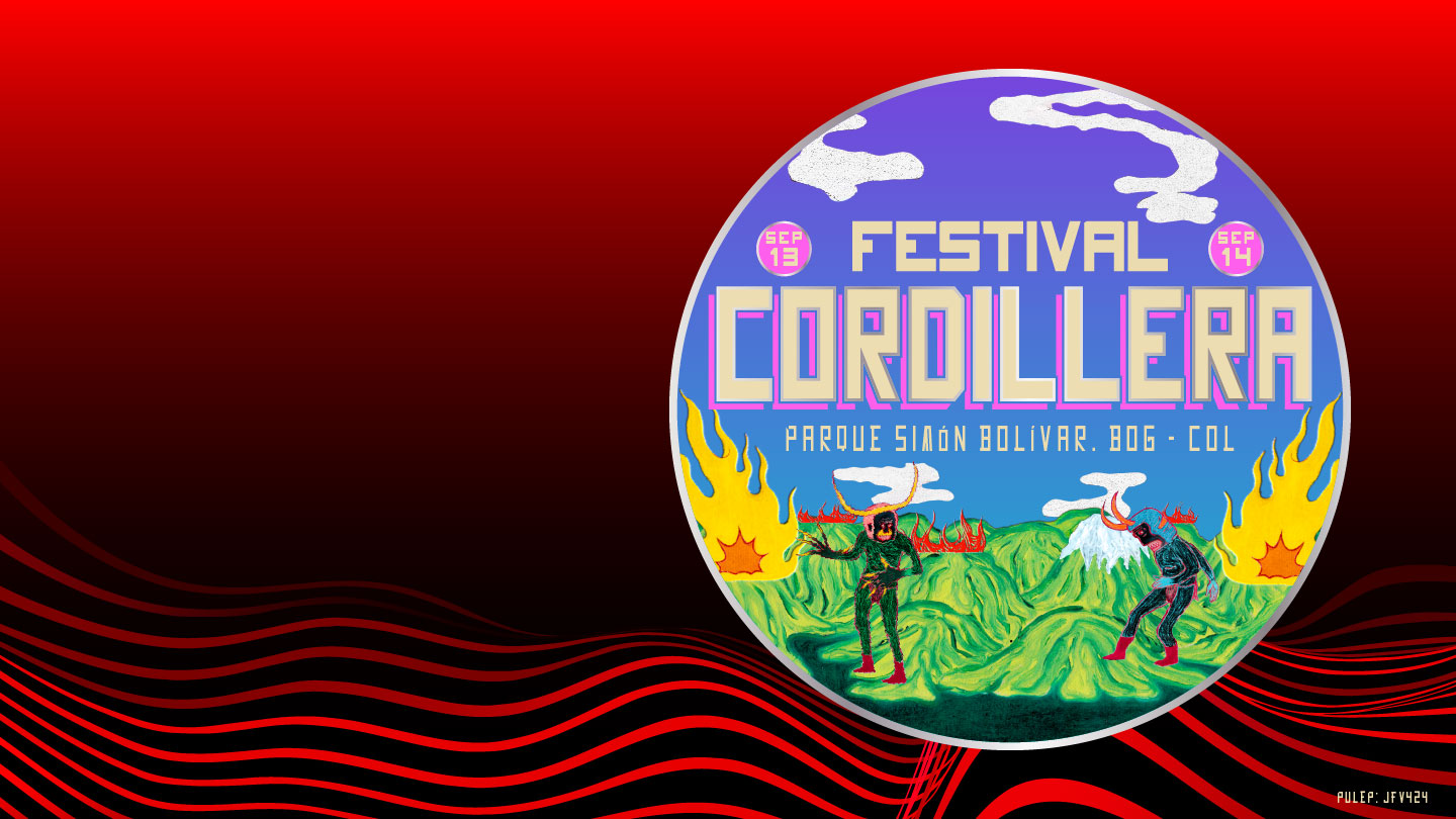 Logotipo circular del "Festival Cordillera" con fondo rojo. Muestra montañas, figuras fantásticas y el texto "FESTIVAL CORDILLERA"
