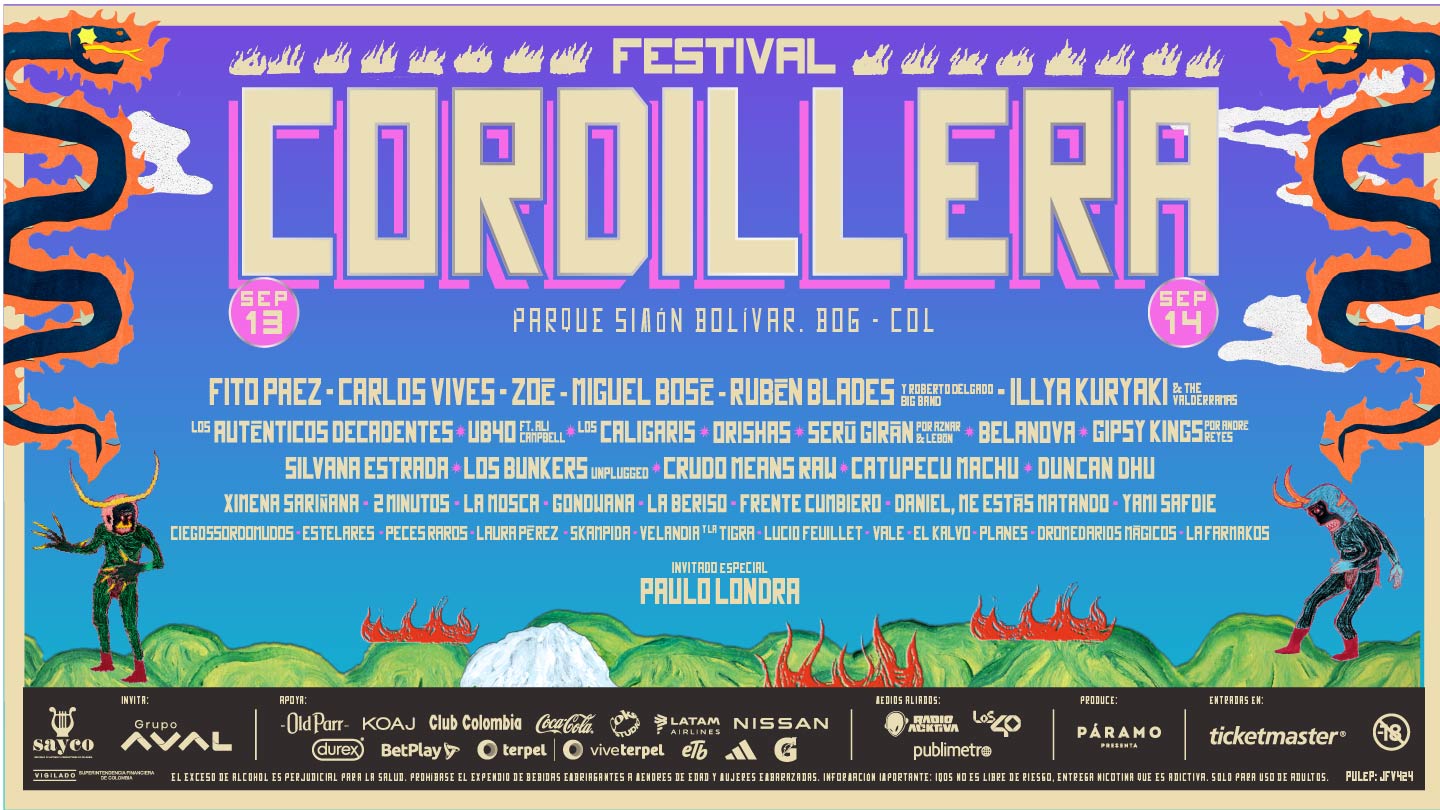 Afiche del Festival Cordillera, 13–14 de septiembre en Parque Simón Bolívar, Bogotá; título “CORDILLERA”, estética andina con serpientes y headliners como Fito Páez, Carlos Vives, Zoé y Rubén Blades.