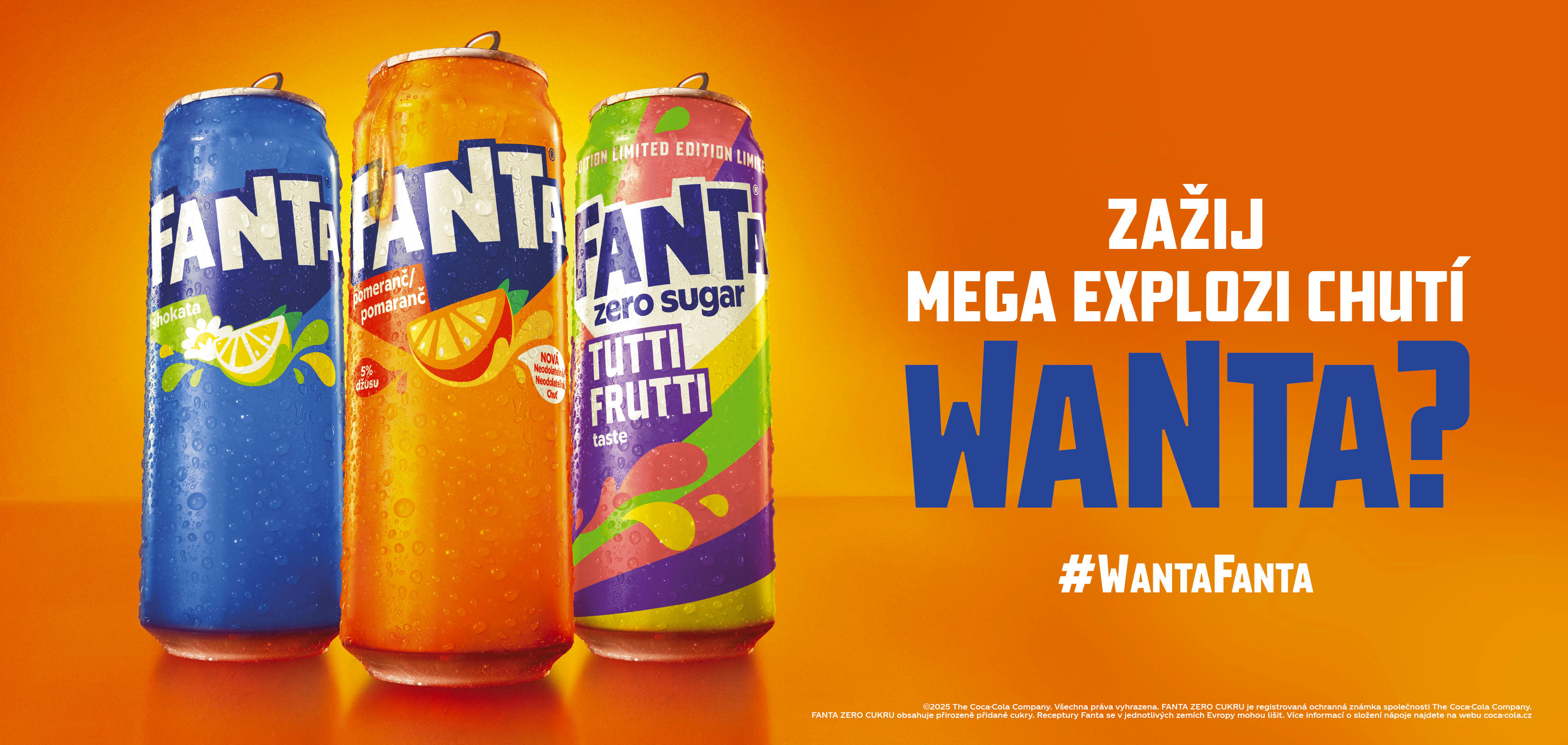 Tři plechovky Fanta: modrá Shokata, oranžová Pomeranč a barevná Zero Sugar Tutti Frutti na oranžovém pozadí.