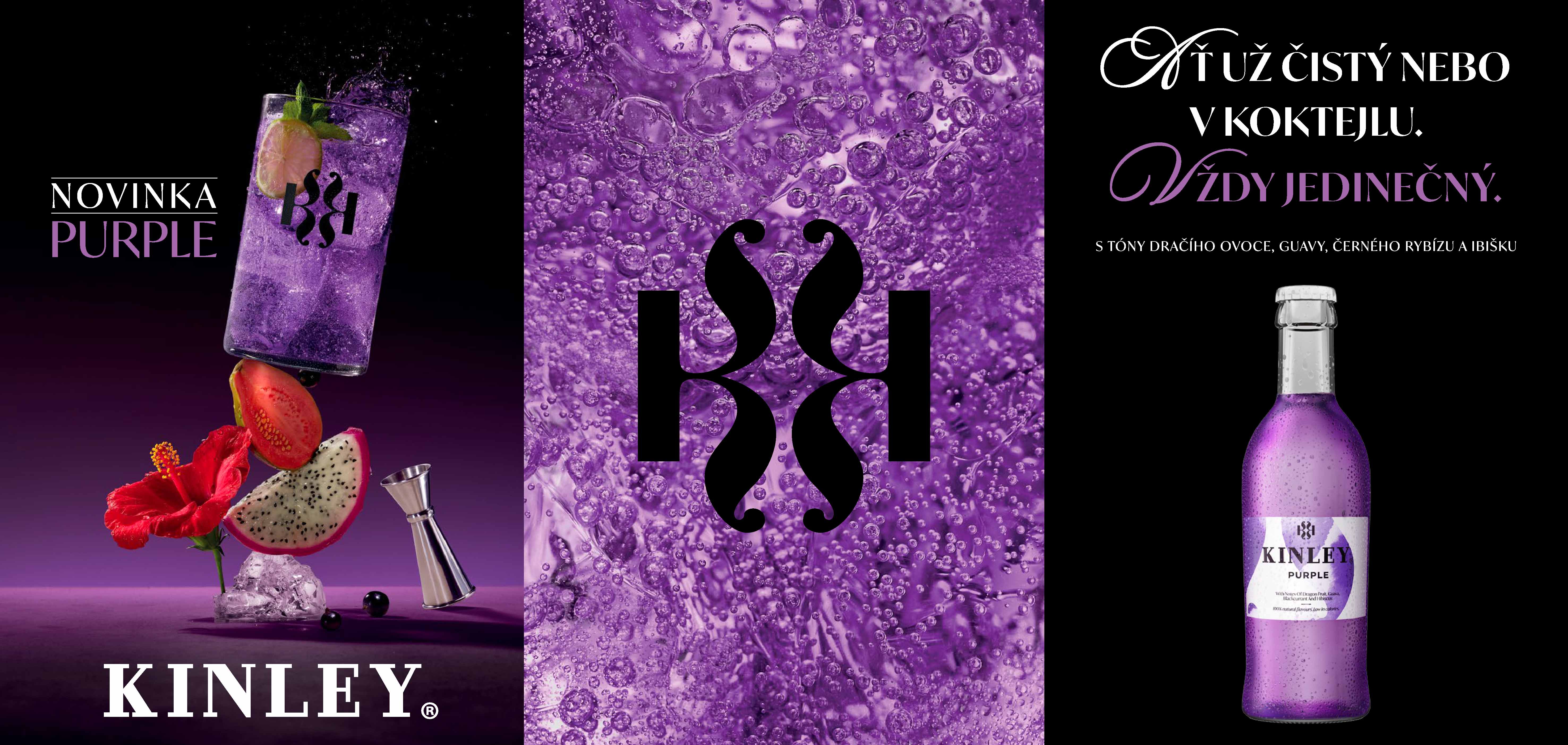 Láhev Kinley Purple a sklenice fialového nápoje s drakovým ovocem, guavou, černým rybízem a ibiškem.