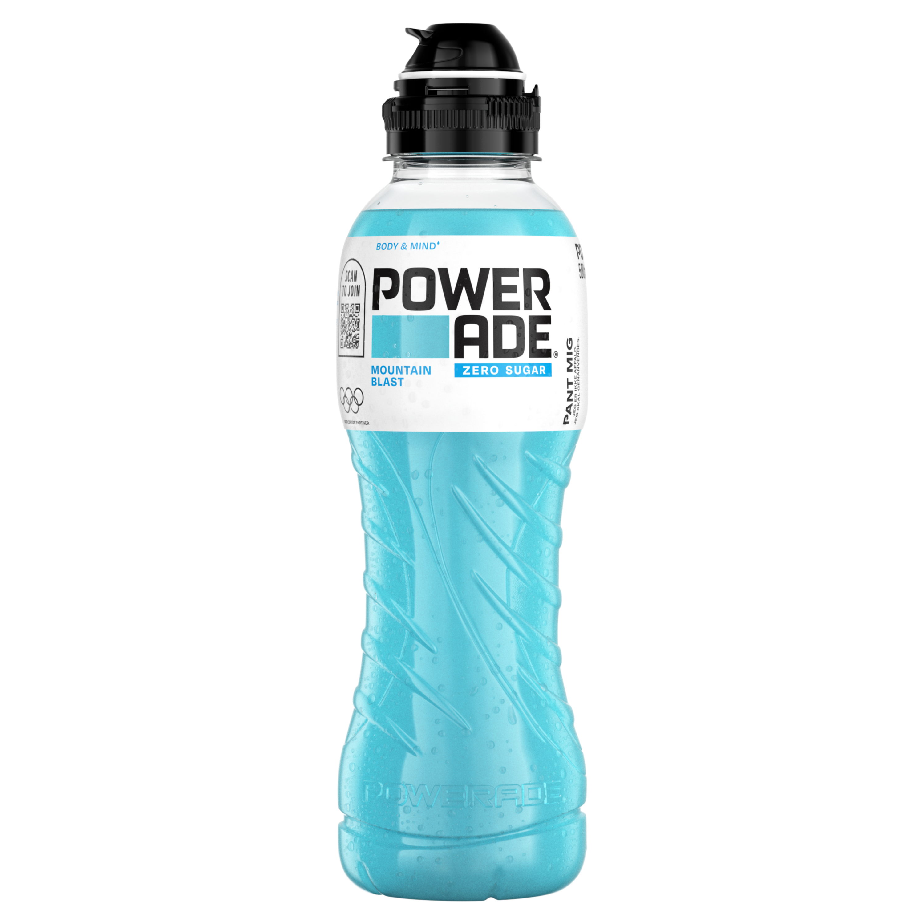 Powerade Mountain Blast Zero-plastikflaske på hvid baggrund