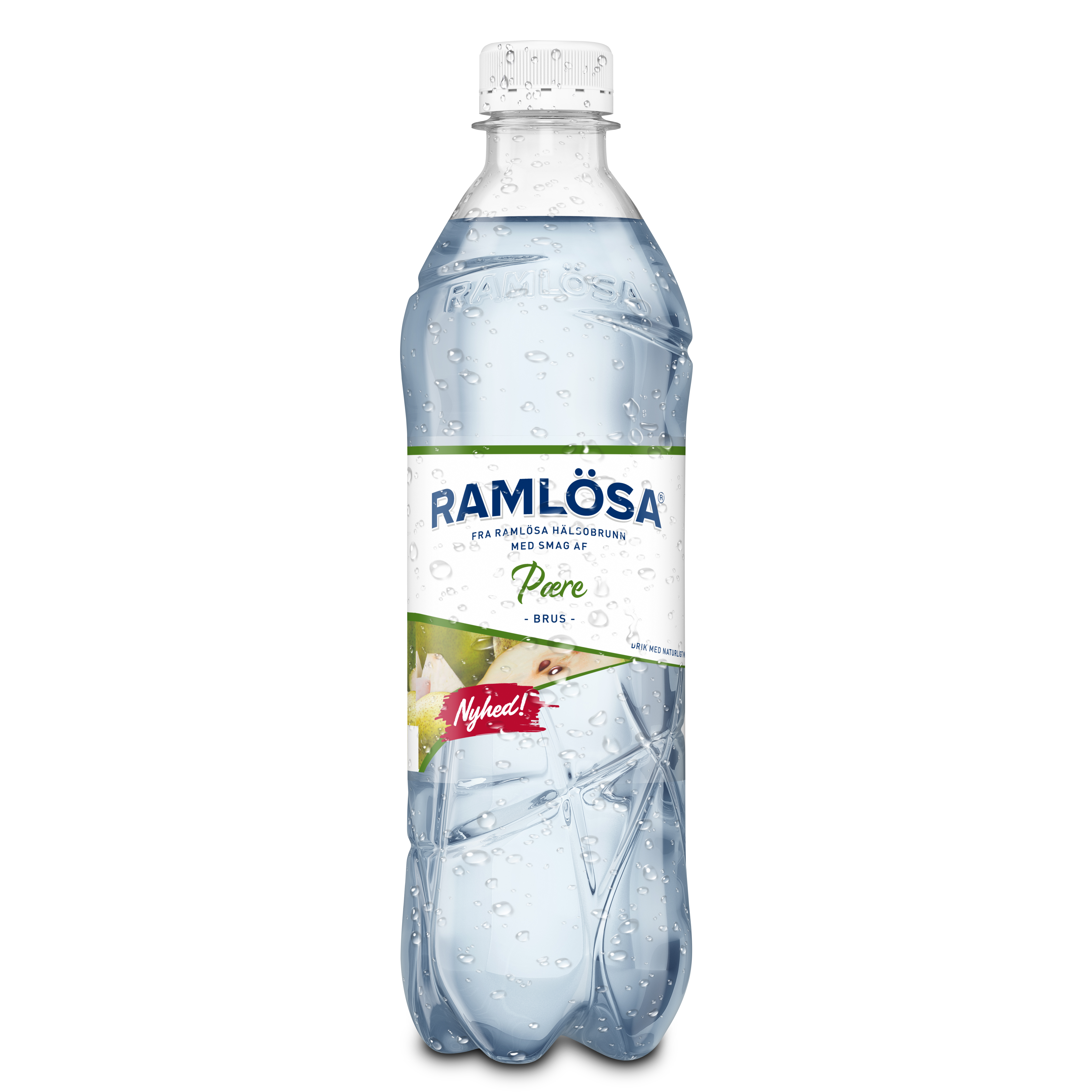 Ramlösa Pære-plastikflaske på hvid baggrund