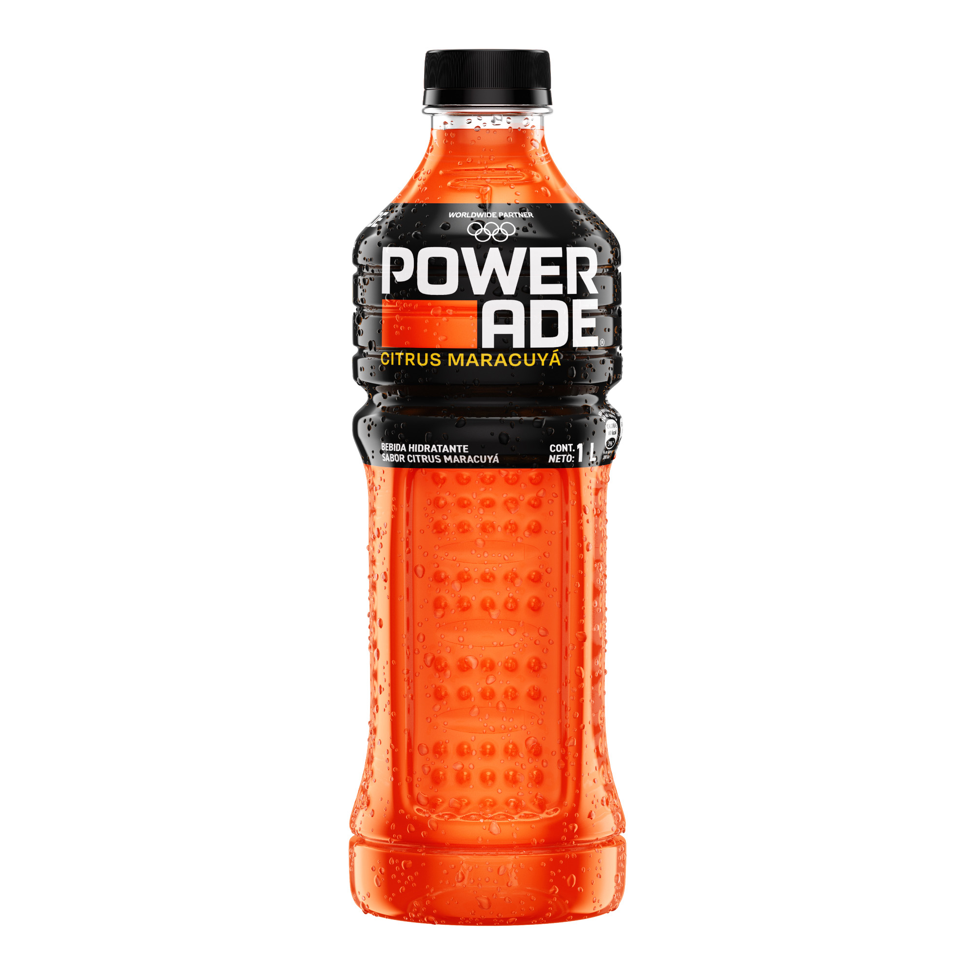 Botella Pet Powerade de 1 L sabor maracuyá.