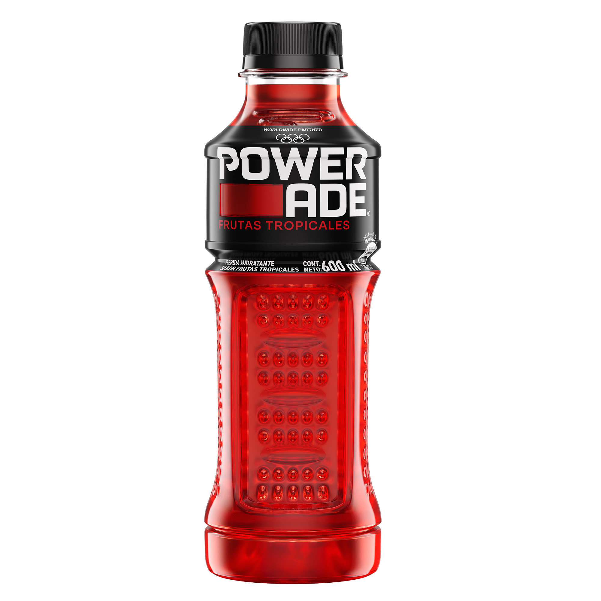 Botella Pet Powerade de 600ml sabor frutos tropicales.