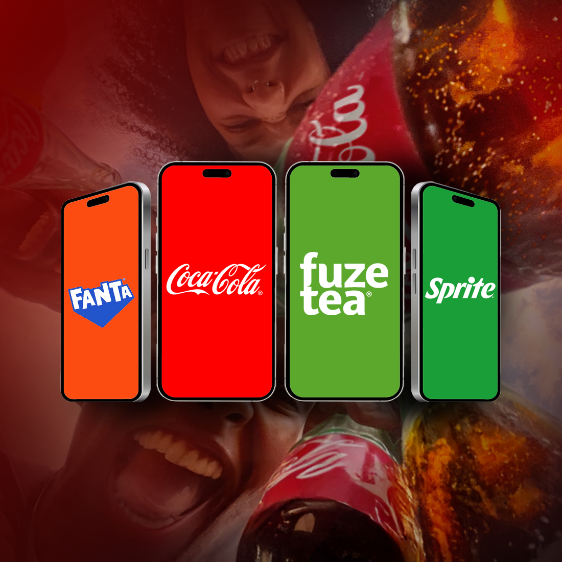 Neli nutitelefoni ekraani Fanta, Coca‑Cola, Fuze Tea ja Sprite logodega värvilistel taustadel