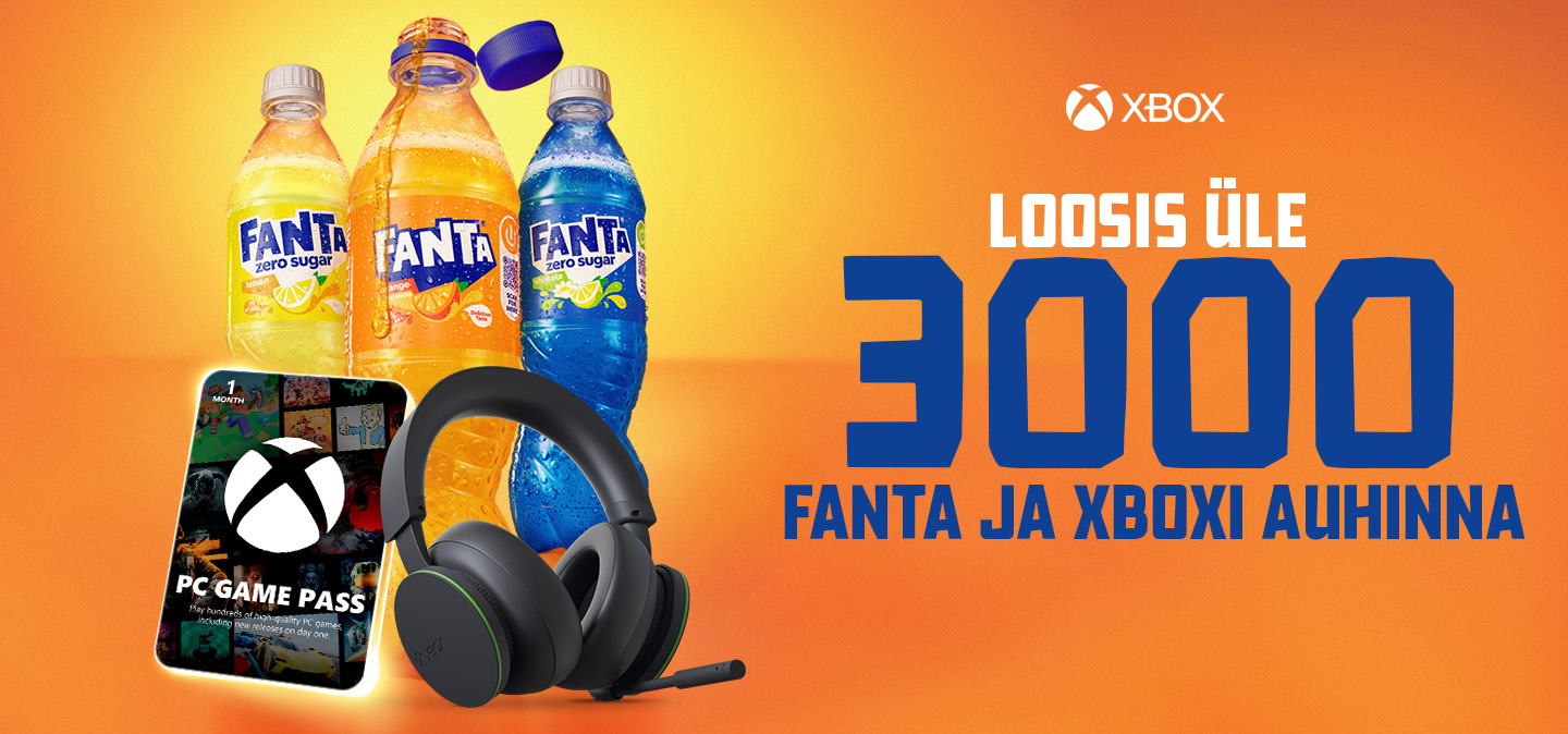 Reklaamplakat Fanta ja Xboxi kampaaniast, kus on Fanta joogipudelid, Xbox Game Passi kaart ja mängurikõrvaklapid.