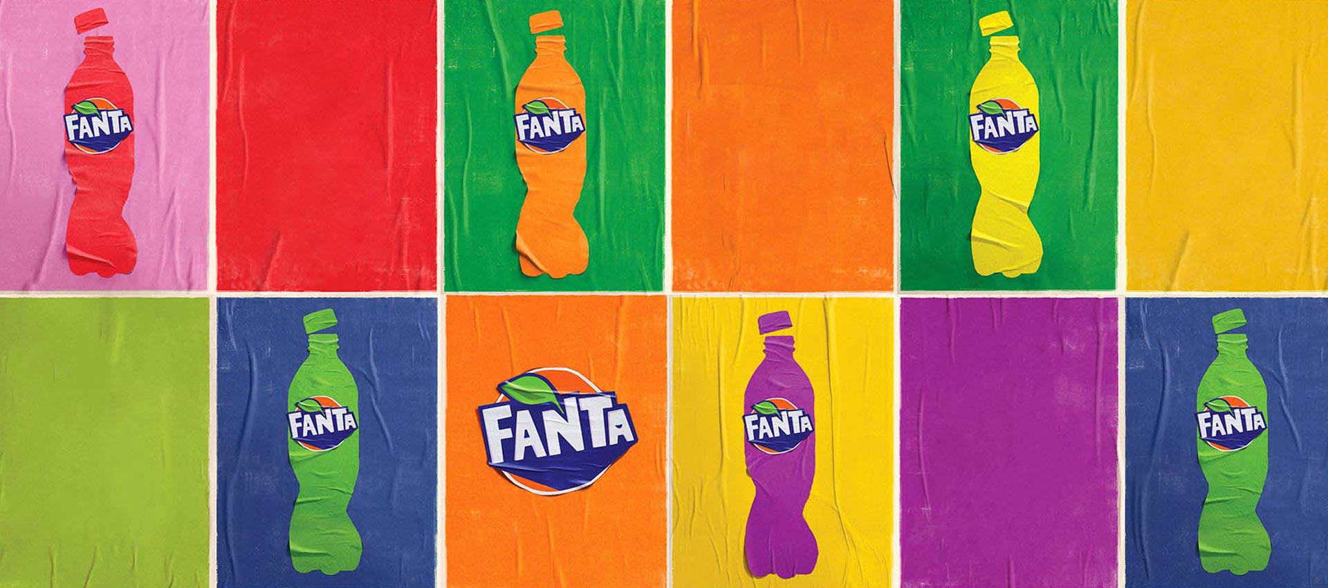 Värviline Fanta pudelite ja logo muster eri toonidega taustal.