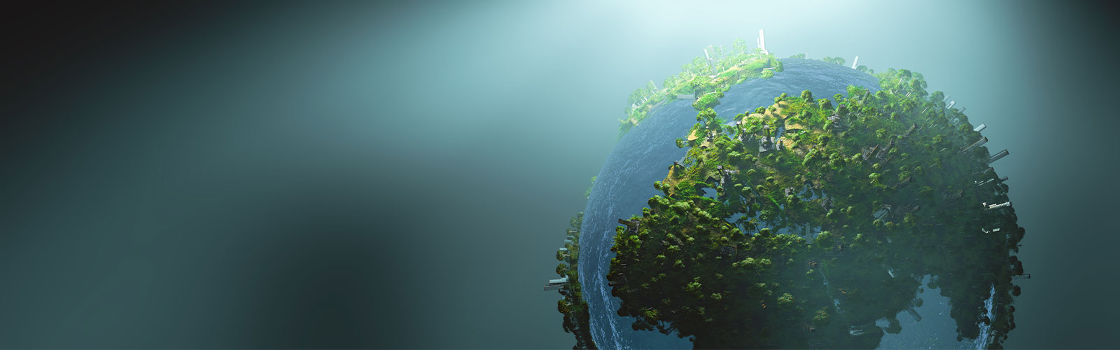 Illustratsioon rohelisest planeedist, mille pinnal on metsad, veekogud ja väikesed linnad.