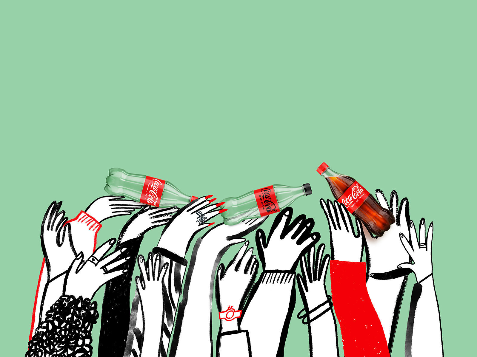 Illustratsioon mitmest käest, mis sirutuvad Coca‑Cola pudelite poole rohelisel taustal.