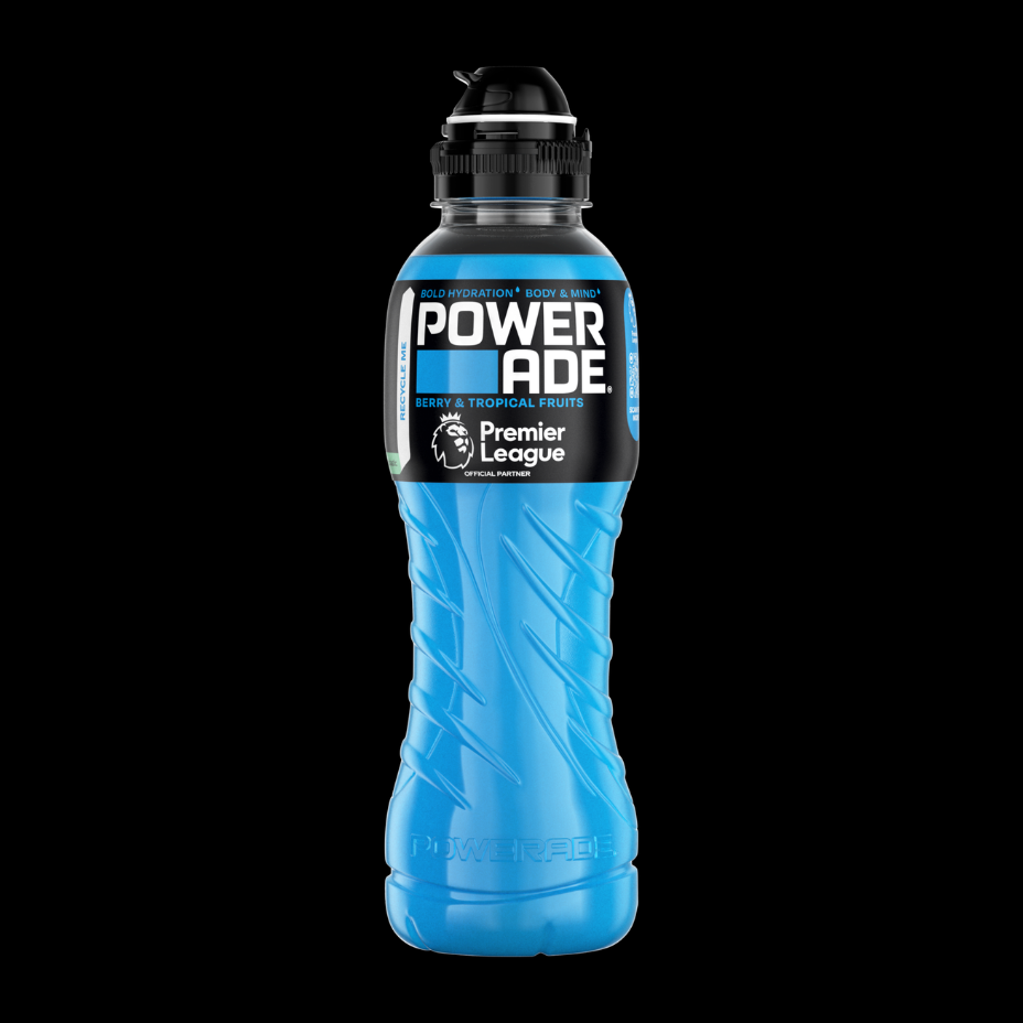 Powerade Berry & Tropical bottle on white background.