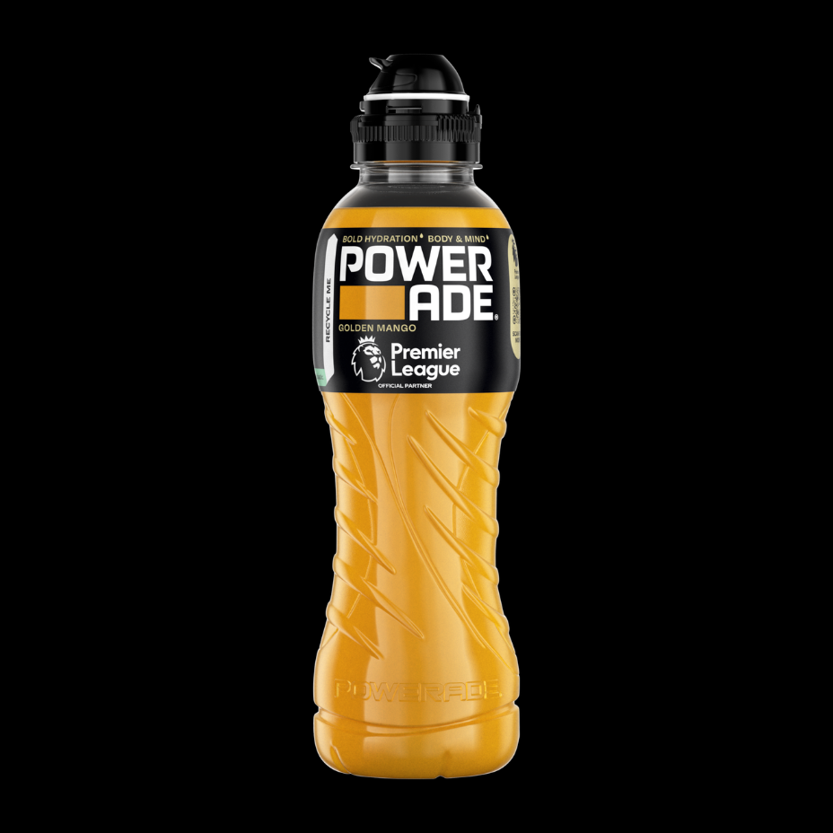 Powerade Berry & Tropical bottle on white background.