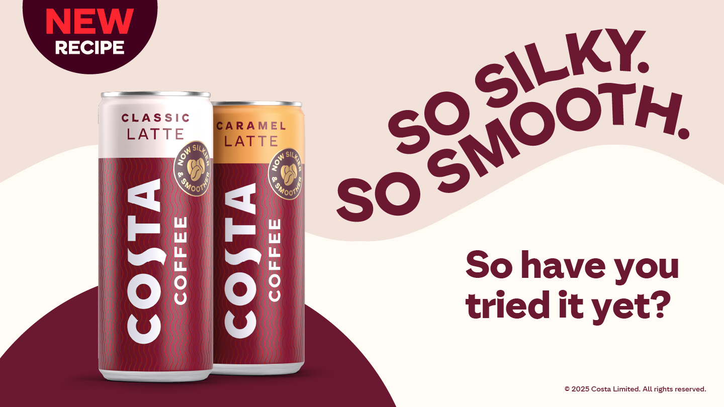Costa Coffee can on dark red and beige background.