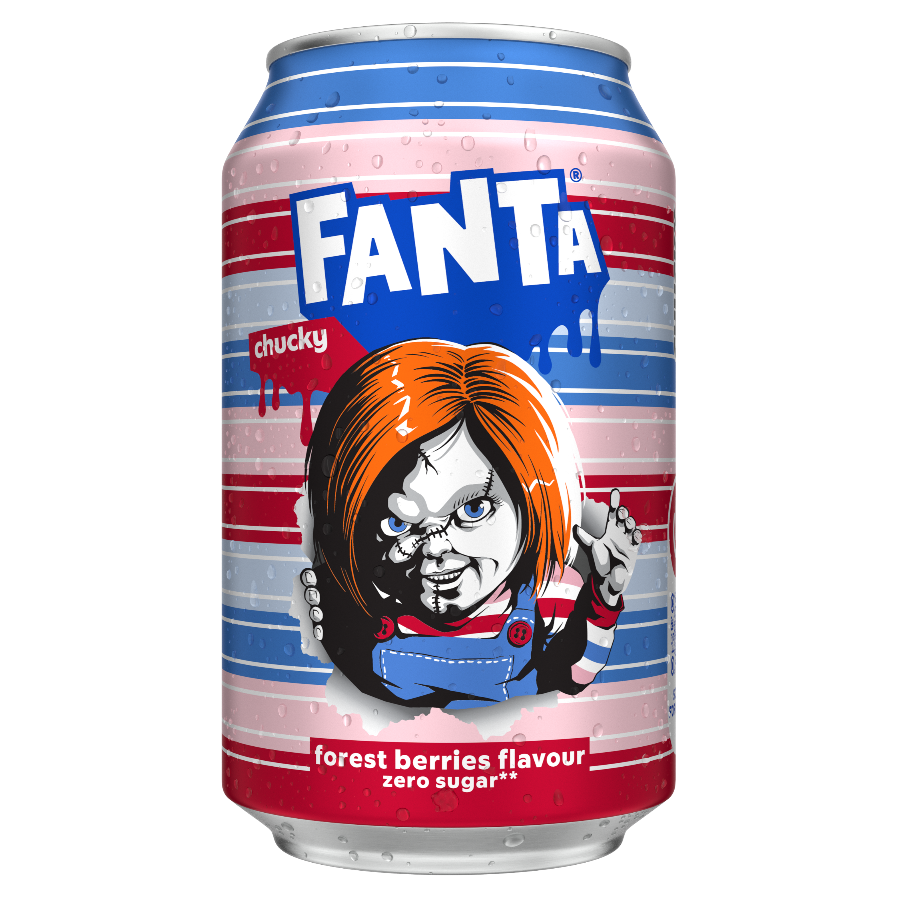 Fanta mixed Berry punch can with Chucky image featured on the front