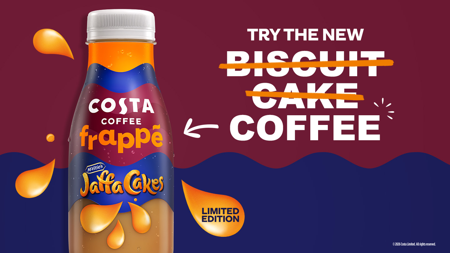 Costa Coffee Jaffa Cakes Frappe bottle on red and blue background
