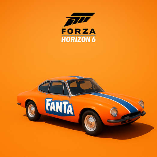 An orange car with Fanta livery parked under a Forza Horizon 6 logo