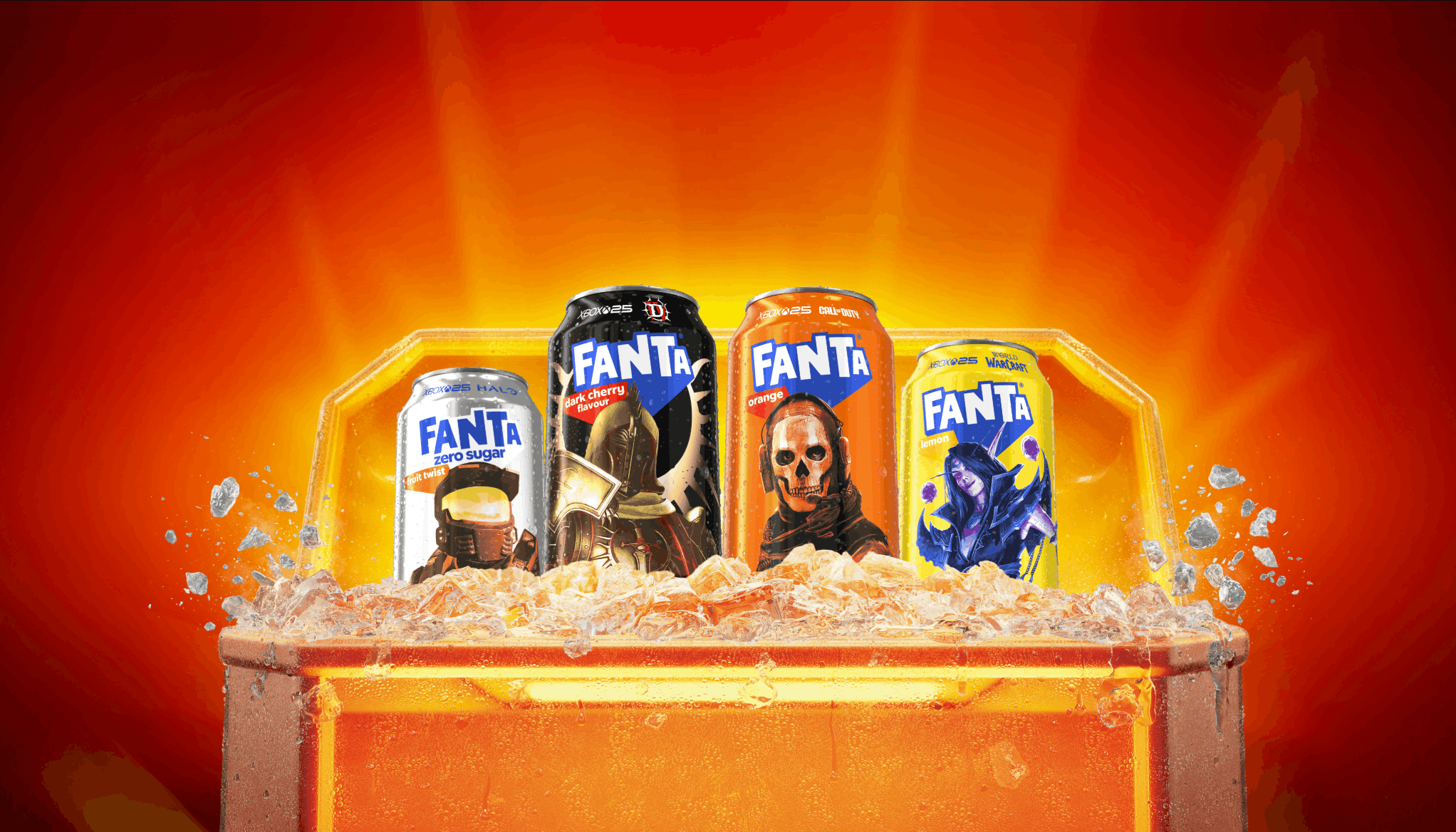 The Fanta Xbox collection includes cans featuring characters from Forza Horizon 6, Call of Duty, Diablo IV, Halo and World of Warcraft. Text reads: "Wanta Fanta? Come get it."
