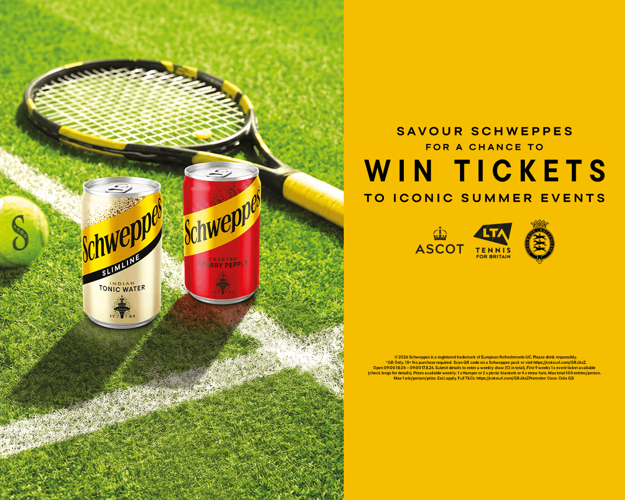2 cans of Schweppes on a tennis court. Text reads "Win Tickets to Iconic Summer Events".