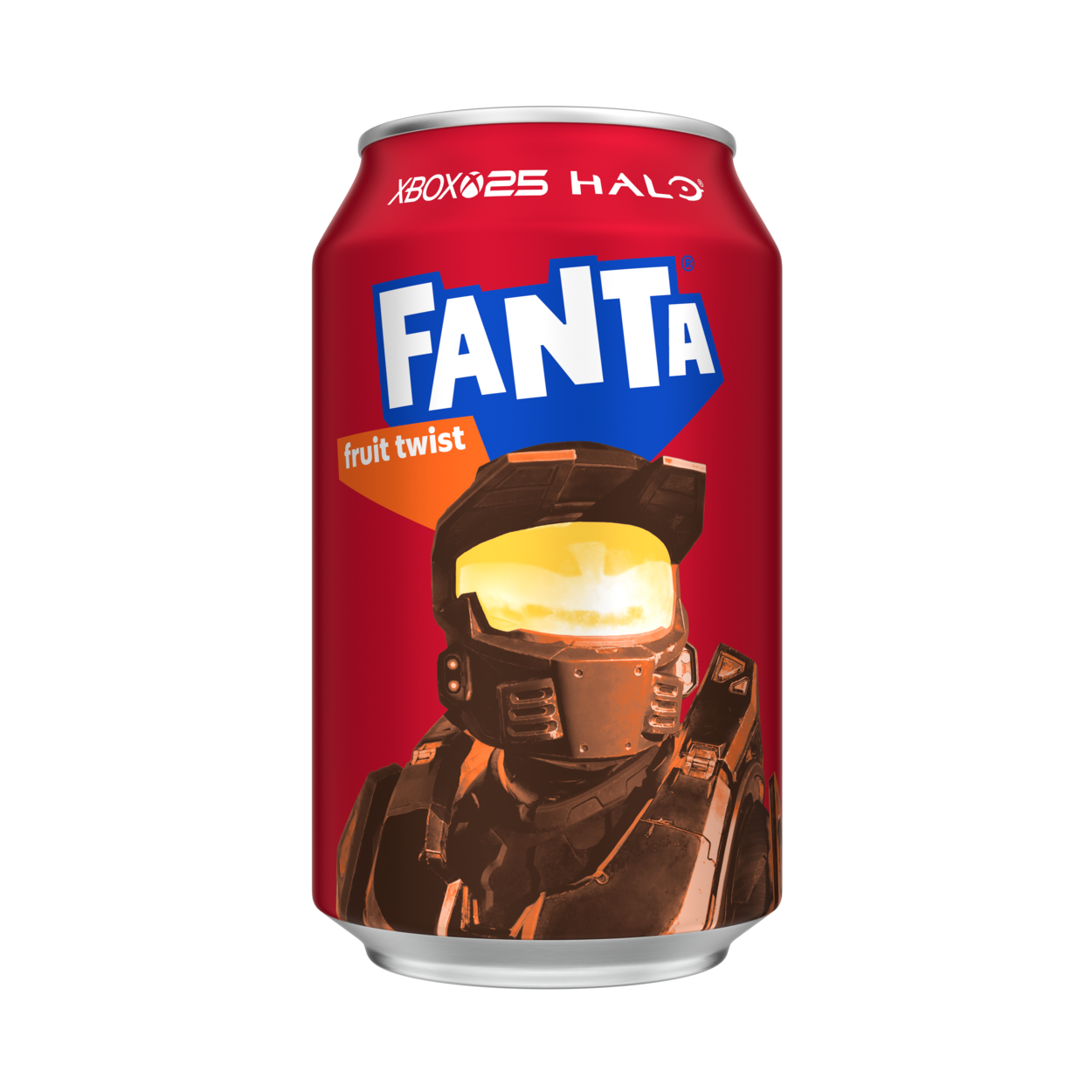 Fanta Fruit Twist can on white background.