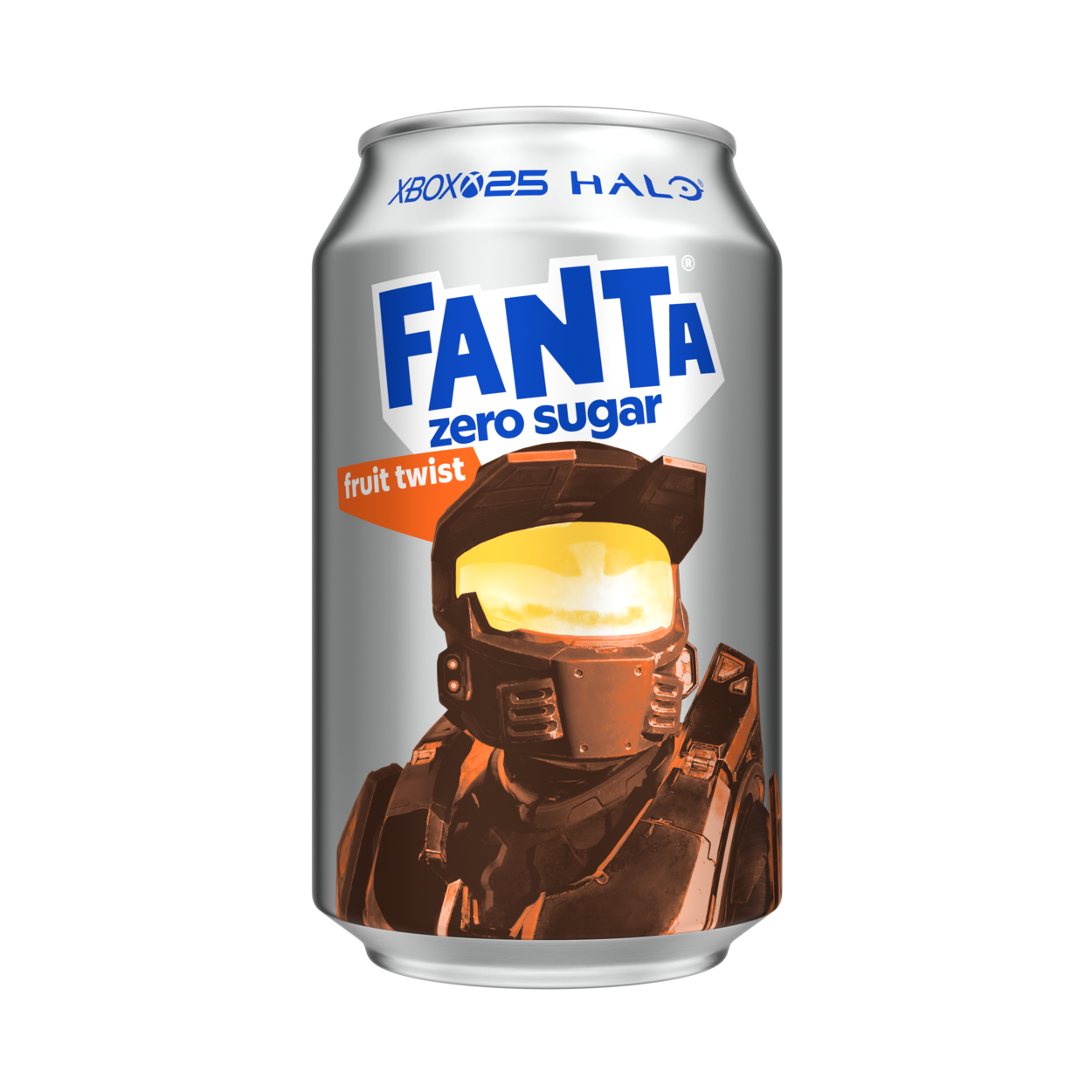 Fanta Fruit Twist Zero can on white background.